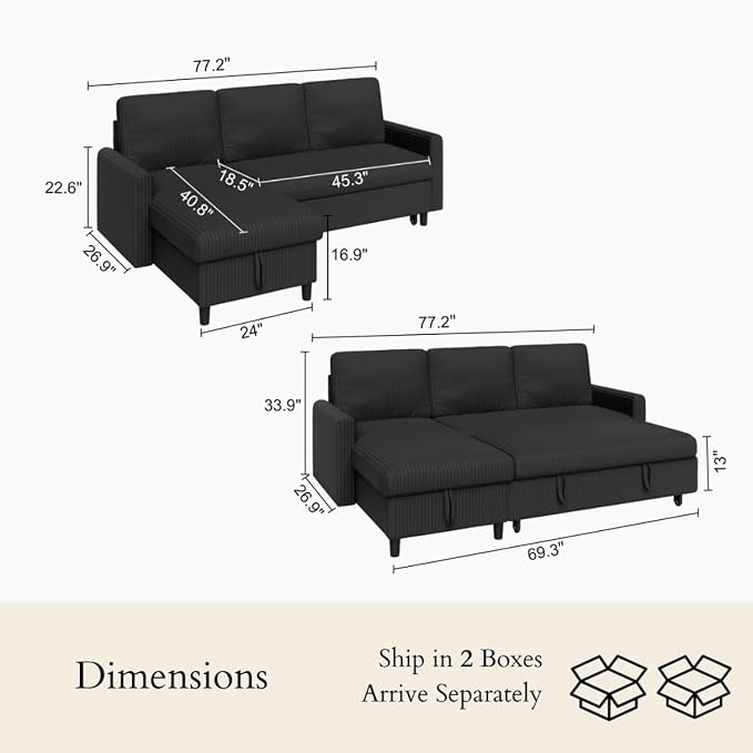 JAMFLY 77" Pull Out Sleeper Sofa Bed with Storage Chaise, L-Shaped Corduroy Sectional Couch, 3-Seater Convertible Sofa Bed for Small Space, Apartment & Guest Room, Pet-Friendly & Easy Assembly, Black