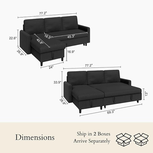 JAMFLY 77" Pull Out Sleeper Sofa Bed with Storage Chaise, L-Shaped Corduroy Sectional Couch, 3-Seater Convertible Sofa Bed for Small Space, Apartment & Guest Room, Pet-Friendly & Easy Assembly, Black