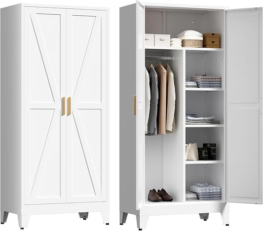 LCAOPC 71" Tall Metal Wardrobe Closet with Adjustable Shelves and Hanging Rod, 2 Doors Office Storage Locker Cabinet for Home, Office, Bedroom, Laundry Room, White