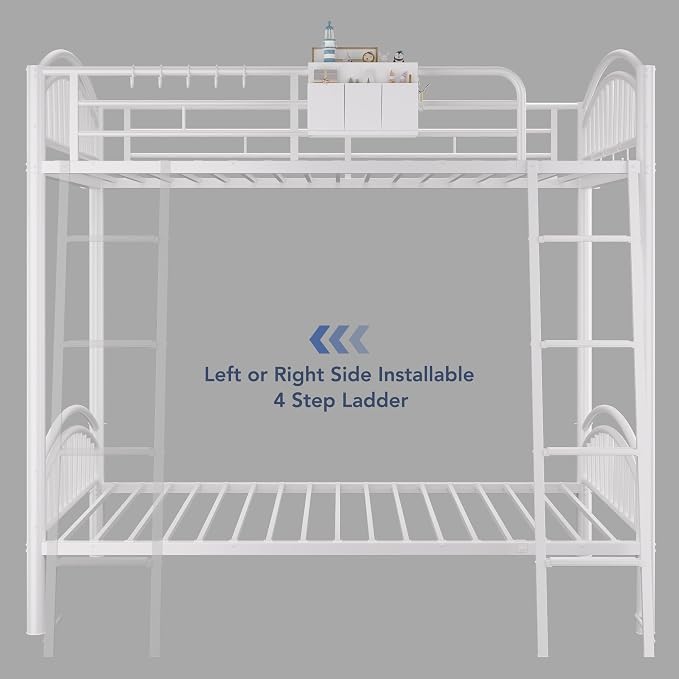 Decofy Metal Bunk Bed Twin Over Twin with Storage Bag, 2 Twin Size Beds with Safety Guard Rails and Anti-tip Nails for Teenager,Girls or Boys （White） | Convertible Ladder