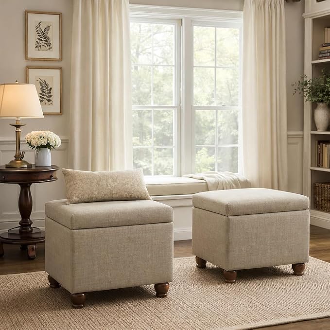 HomePop 22" Medium Rectangular Storage Ottoman - Tan Linen