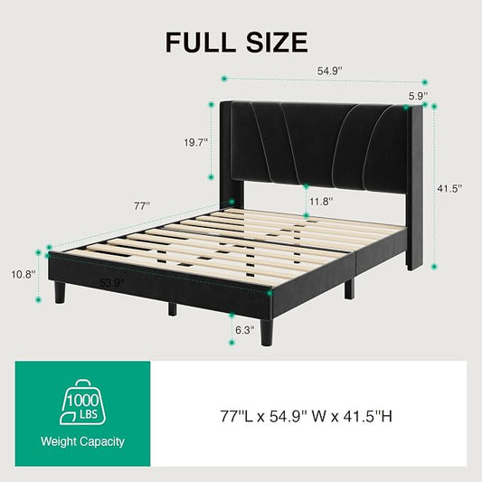 Novilla Full Size Bed Frame, Full Bed Frame with Headboard, Velvet Upholstered Wing Side Headboard, No Box Spring Needed, Heavy Duty Feet, Easy Assembly, Black Velvet