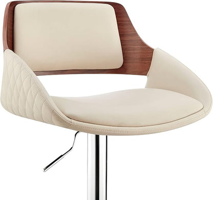 Armen Living Colby Modern Adjustable Height Swivel Cream Faux Leather and Walnut Wood Bar Stool with Chrome Base for Kitchen Island Counter