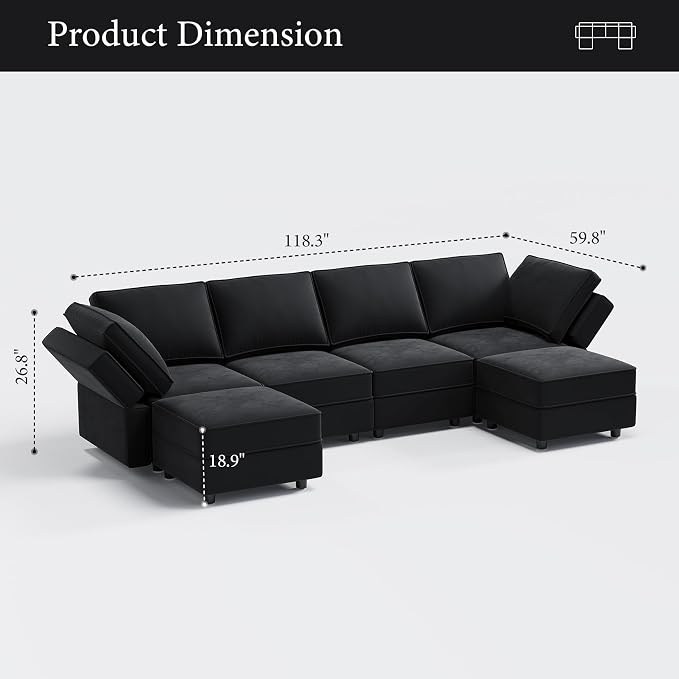 Vesgantti Sectional Couches with Storage Seats, 118" L Shaped Convertible Modular Sectional Sofa, 4 Seat & 2 Ottomans Velvet Storage Chaises Deep Seat Couch for Living Room, Bedroom, Apartment, Black