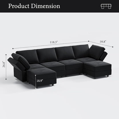 Vesgantti Sectional Couches with Storage Seats, 118" L Shaped Convertible Modular Sectional Sofa, 4 Seat & 2 Ottomans Velvet Storage Chaises Deep Seat Couch for Living Room, Bedroom, Apartment, Black