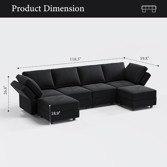 Vesgantti Sectional Couches with Storage Seats, 118" L Shaped Convertible Modular Sectional Sofa, 4 Seat & 2 Ottomans Velvet Storage Chaises Deep Seat Couch for Living Room, Bedroom, Apartment, Black