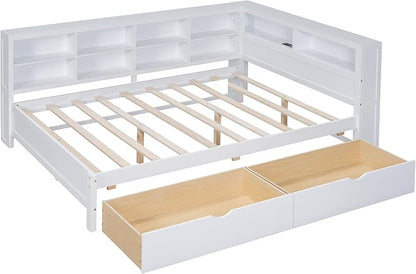 Bellemave Full Corner Bed Frame, Wood Full Size Daybed with L-Shaped Bookcase and 2 Drawers，Daybed with Storage Cabinets, White