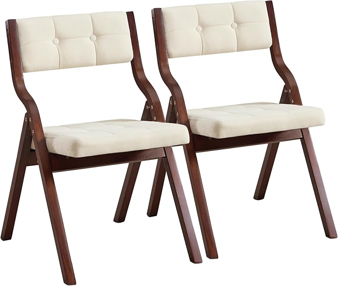 2-Pack Folding Dining Chairs with Cushion,Padded Foldable Dining Chairs,Portable Wooden Folding Chairs with Tufted Buttons Seat for Dining Rooms Kitchen Wedding and Party Indoor Walnut Beige