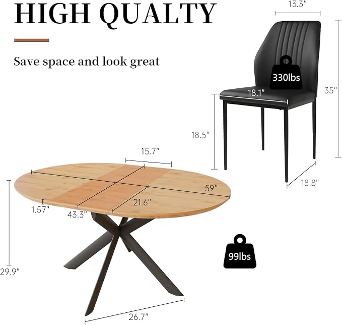 HIPIHOM Oak Extendable Round Dining Kitchen Table 43.2"-59.1" | Mid century modern style, sturdy construction, space saving, fits 4-6 people, coffee table alternative
