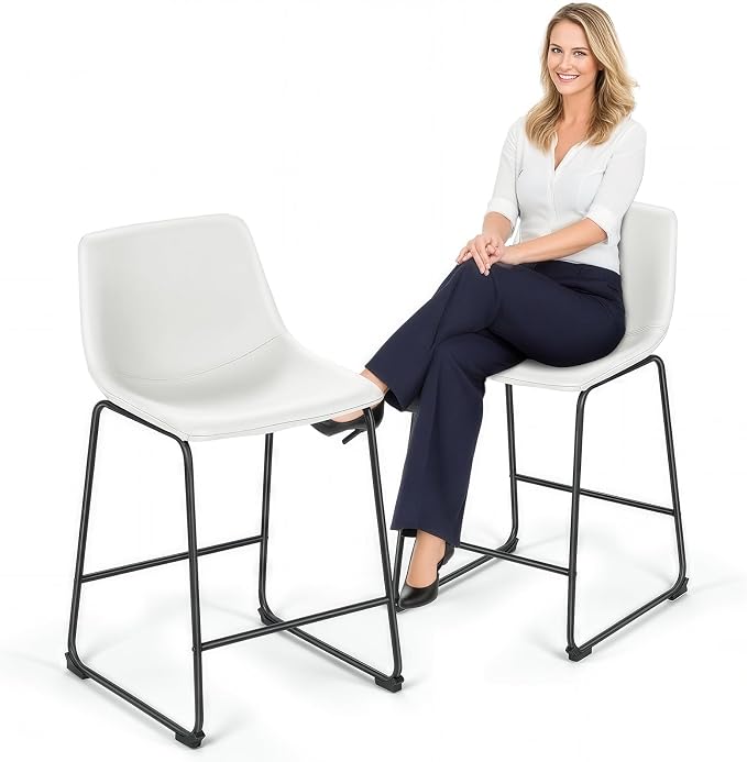 Athena Collection 23'' Counter Height Bar Stools Bar Chairs Set of 2 Modern PU Leather Bucket Chairs with Back Soft Foam Filled Metal Frame Bar Stools with Footrest for Pub, Bistro, Kitchen, White