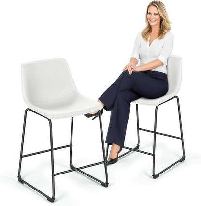 Athena Collection 23'' Counter Height Bar Stools Bar Chairs Set of 2 Modern PU Leather Bucket Chairs with Back Soft Foam Filled Metal Frame Bar Stools with Footrest for Pub, Bistro, Kitchen, White