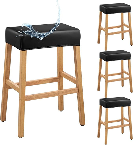 PU Leather Bar Stool Covers Rectangular, 100% Waterproof Stool Covers Rectangle Super Stretch 20% Thicker Leather Saddle Stools Cover Rectangular Counter Bar Stools with Elastic Band (4 PCS, Black)