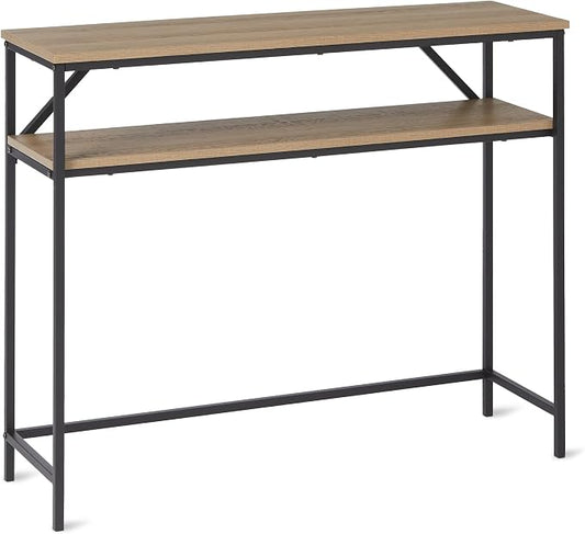 Amazon Basics Rectangular Console Table with Storage Shelf, Steel Frame, Oak Finish, 39.4"W x 31.5"H x 11.8"D