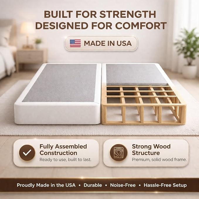 Treaton, Box Spring Bed Base Queen Size, 8-Inch Wood Mattress Foundation – Amish Made in USA – Quiet Noise Free, 2-Pieces Under Mattress-Support BoxSpring, Fully Assembled, White