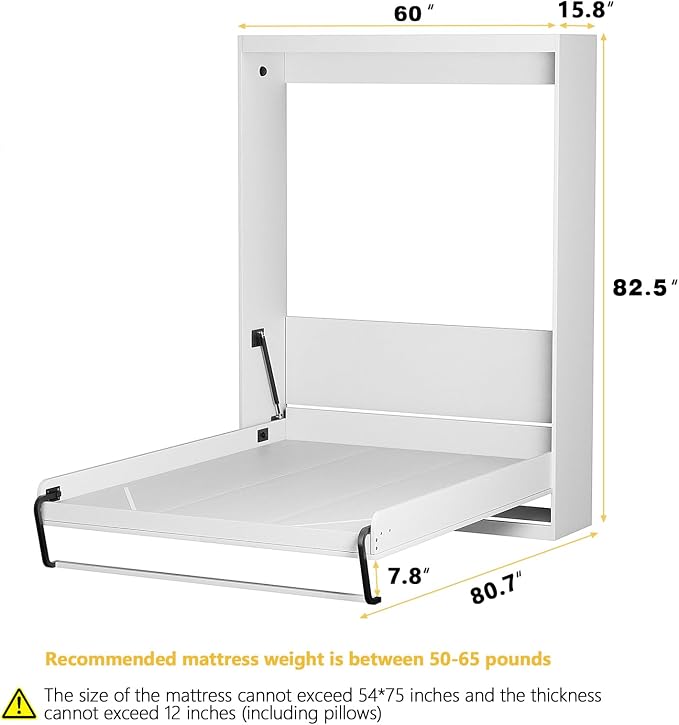 ROOMTEC Full Size Murphy Wall Bed, White, Space-Saving Furniture Bed Frame for Bed Room,Guest Room,Home Office