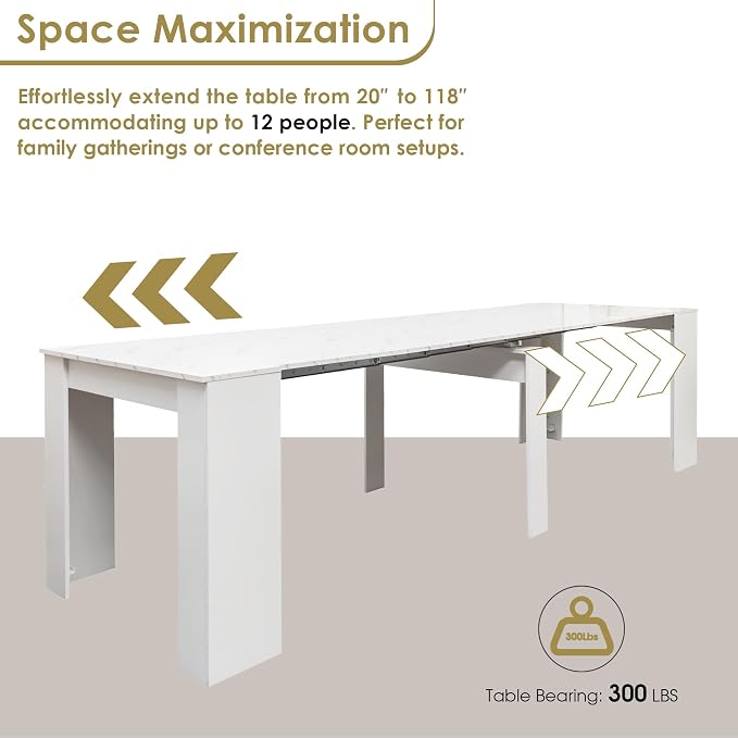 20"-118" White Marble Extendable Dining Table for 2-12 People, Modern Modular Extension Table, Space-Saving Extra Long Folding Dining Table, Multifunctional Conference Meeting Table