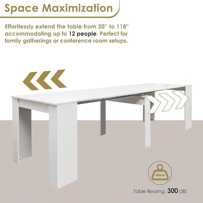 20"-118" White Marble Extendable Dining Table for 2-12 People, Modern Modular Extension Table, Space-Saving Extra Long Folding Dining Table, Multifunctional Conference Meeting Table