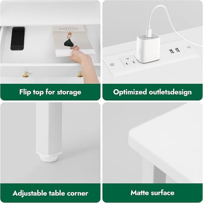 27" LED Nightstand Set 2 with Charging Station & 3 Drawers, White | Solid Wood and Steel Frame, 2 AC Outlets, 2 USB Ports, RGB App Control, Open Storage, Adjustable Feet, for Bedroom or Office