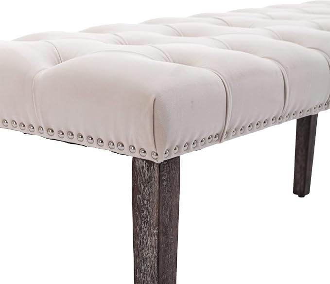 KCC Button-Tufted Ottoman Bench, Upholstered Bedroom Benches Velvet Footrest Stool Accent Bench for Entryway Dining Room Living Room Bedroom End of Bed, Beige