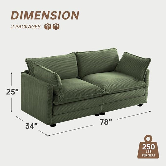 ROWHY Sectional 2 Seat Cloud Loveseat with 2 Throw Pillows, Modern Corduroy Love Seat Sleeper Bed, Convertible Cozy Sofa for Living Room and Office, Green