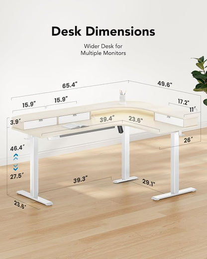 HUANUO 65″ L-Shaped Standing Desk with Power Outlets & LED Strip, Electric Height Adjustable Corner Computer Desk, Sit Stand Up Desk with 3 Drawers, Natural Wood