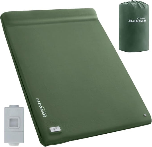 Elegear CumbreX™ Self Inflating Sleeping Pad, Built-in Electric Pump 3.15" Ultra-Thick Memory Foam Camping Mattress Pad with Pillow Double Sleeping Pad for Camping R-Value 9.5 Foam Camp Pad - Queen