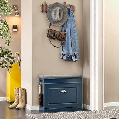 Haotian Small Shoe Storage Bench, Narrow Shoe Cabinet Entryway with 1 Flip-Drawer and Seat Cushion, Mini Shoe Rack Hallway Entrance Mudroom, Navy Blue FSR82-K-B