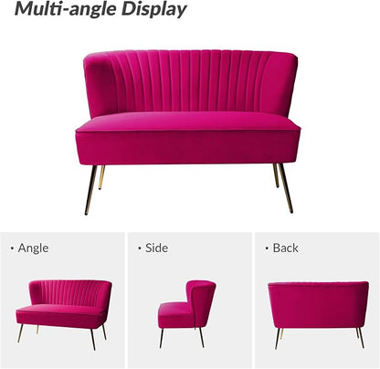 TINA'S HOME Contemporary Velvet Loveseat Sofa, Upholstered Loveseat Couch with Golden Metal Legs, Small Tufted 2-Seat Sofa Armless Love Seat for Living Room, Bedroom, Apartment Small Spaces, Fuchsia