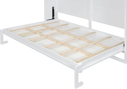 Ball & Cast Full Size Wall Cabinets Murphy Bed with Charging Station and Slat Support,Wood Hideaway Cabinet Platform Beds w/Leg & Lock,can be Folded,Space-Saving,for Small Room,Dorms,White