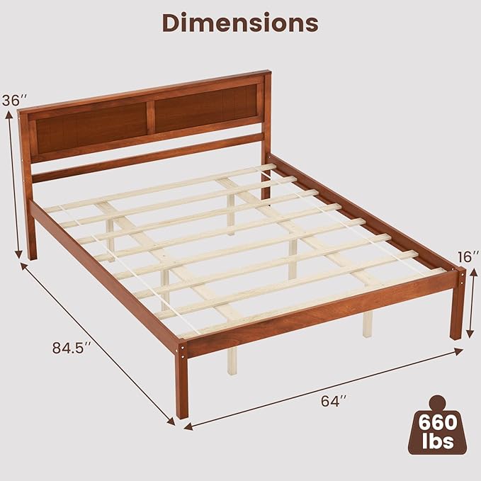 Giantex Queen Wood Platform Bed Frame with Headboard, Mid Century Queen Bed Frame with Wood Slat Support, Solid Wood Foundation with 16" Under Bed Storage, No Box Spring Needed, Easy Assembly