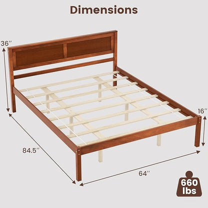 Giantex Queen Wood Platform Bed Frame with Headboard, Mid Century Queen Bed Frame with Wood Slat Support, Solid Wood Foundation with 16" Under Bed Storage, No Box Spring Needed, Easy Assembly