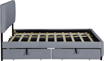 Ball & Cast Queen Bed Frame with Channel Tufted Headboard,Velvet Upholstered Platform Bed Frame Queen Size with 2 Drawers and 1 Twin XL Trundle,Wood Slats Support,No Box Spring Needed,Gray