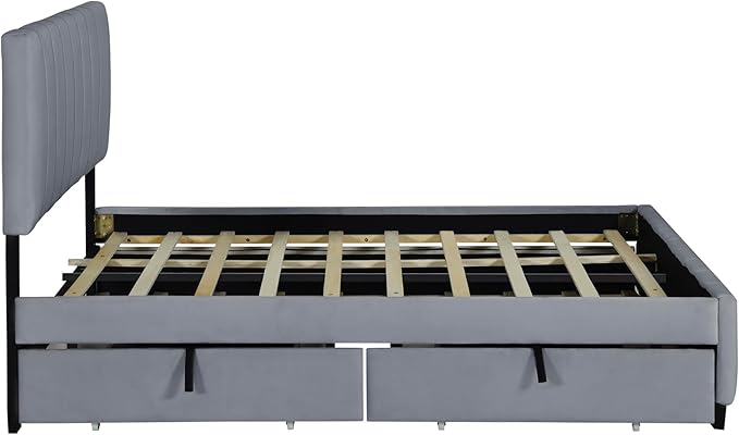Merax Queen Size Upholstered Platform Bed with 2 Drawers and 1 Twin XL Trundle, Grey Wooden Bed Frame, No Box Spring Need