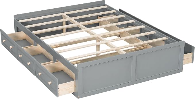 Merax Wood Queen Size Platform Bed Frame with 6 Drawers, Storage Bed Frame Without Headboard for Kids Teens and Adults, Gray