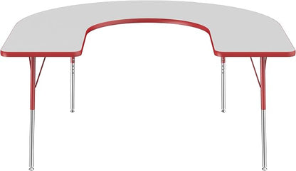 FDP Horseshoe Activity School and Office Table (60 x 66 inch), Standard Legs with Swivel Glides for Collaborative Seating Environments, Adjustable Height 19-30 inches - Gray Top and Red Edge