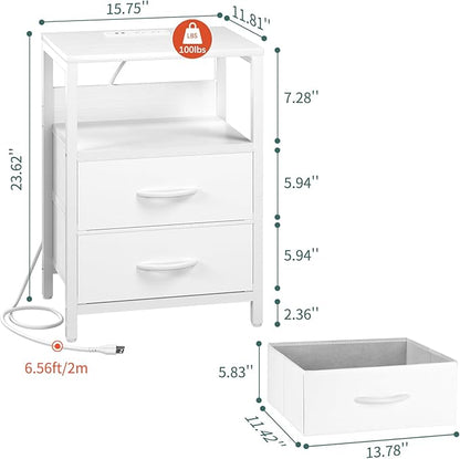 Yoobure Nightstand with Charging Station, LED Night Stand with Fabric Drawers and Storage Shelf for Bedroom, Nightstands Bedside Tables with USB Ports & Outlets, Small Night Stands, Bed Side Table