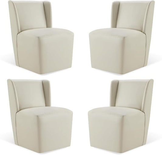 KISLOT Upholstered Dining Chairs Set of 4 with Casters, Wingback Modern Side Armless Deskchair with Rollers for Diningroom Bedroom Livingroom Reading Room, Cream Faux Leather