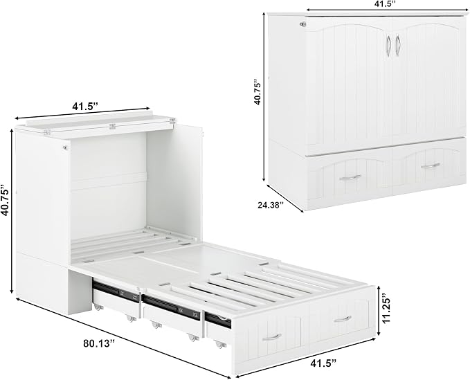 AFI, Southampton Murphy Bed Chest Twin XL with 6" Mattress, Storage Drawer & Built-in USB Charger, White