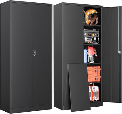 Metal Garage Cabinets with Lock, 72" H Garage Storage Cabinet with 2 Doors and 4 Adjustable Shelves, Steel Locking Caninet Tall Tool Storage Cabinets, Lockable File Cabnet for Home Office