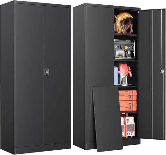 Metal Storage Cabinet with Lock,71" Black Garage Cabinet with 2 Doors and 4 Adjustable Shelves, Steel Locking Cabinets Tall Tool Storage Cabinet, Lockable File Cabinet for Home Office, Pantry