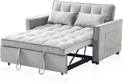 3-in-1 Loveseat Sleeper Sofa, Modern 55.5" Pull Out Couch, Velvet Upholstered Futon Sofa Bed with Adjustable Backrest, Convertible Sofa Bed with Storage Pockets for Living Room(Light Grey)