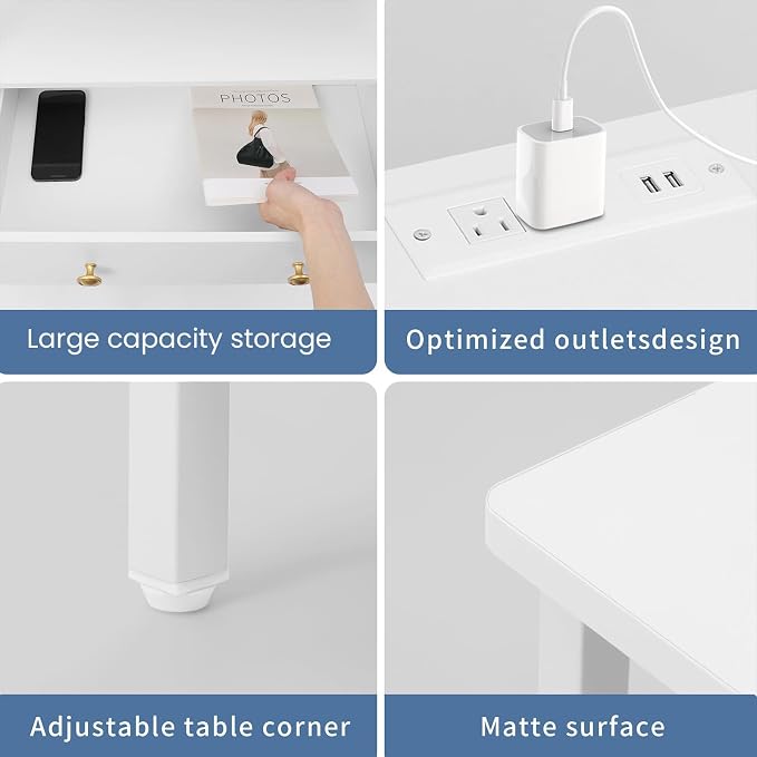 Edbuosy 3 Wooden Drawers Night Stand, 27 Inch Wide Nightstand Set 2 with Charging Station and Adjustable Drawers, Small Dresser for Closet, Bedside Table for Living Room/Bedroom/Office, White