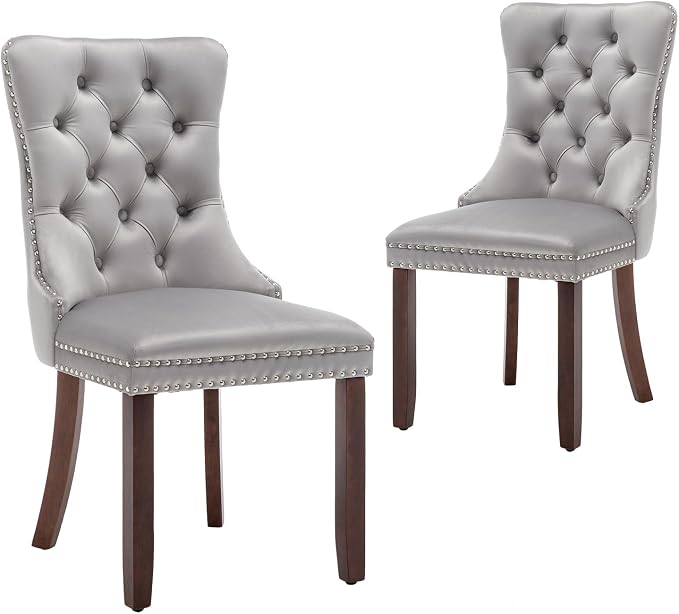 Hixkol Velvet Dining Chairs Set of 2,Upholstered Dining Chairs with Ring Pull Trim and Button Back,Modern Seating for Kitchen, Bedroom & Living Room(Light Gray)