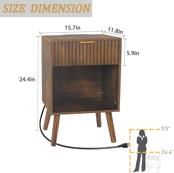 Fultyle Mid Century Modern Nightstand with Charging Station, Modern Bedside Table with Fluted Drawer and Storage Shelf, End Side Tables Living Room for Bedroom, Office (Rustic Brown)