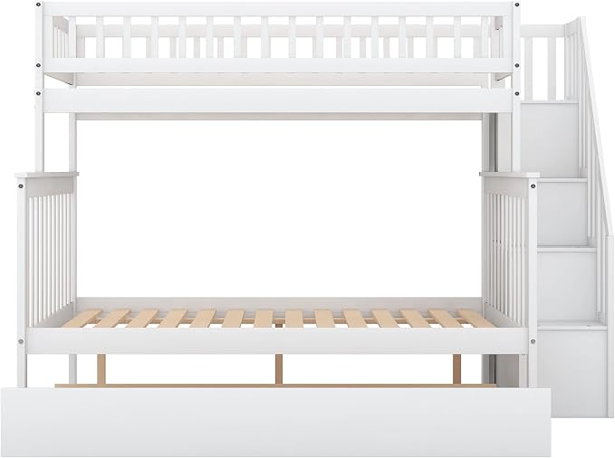 MERITLINE Twin Over Full Bunk Bed with Trundle, Storage Staircase,Solid Wood Bunk Bed with Storage Stairs Box and Guardrail, No Spring Box Needed (White)