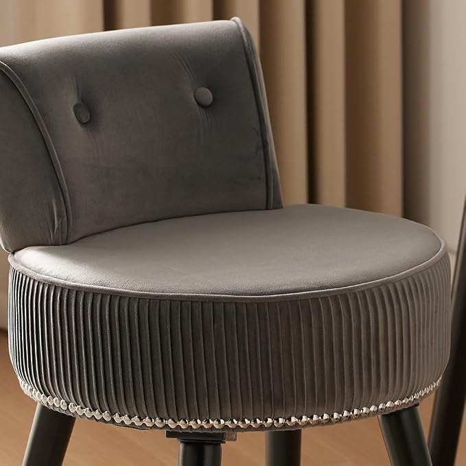 2BYFVanity Chair with Back, Velvet Stool with Low Backrest & Silvery Nailhead Trim, Round Vanity Seat for Bedroom and Bathroom Makeup, Support 220lbs, Easy Assembly (Gray)
