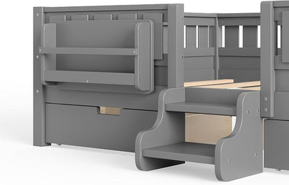 Bellemave Queen Size Bed with Slats and Stairs, Queen Size Platform Bed Frame with Fence, Bookshelf and Storage Drawers, Easy Assemble Beds for Girls, Boys, Gray