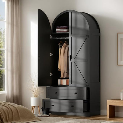 Black Armoire Wardrobe Closet,Wooden Wardrobe with 2 Doors and 2 Drawers,Bedroom Freestanding Armoire Storage Cabinet with Hanging Rack,Wardrobe Storage with with Hanging Rod for Bedroom, Cloak Room