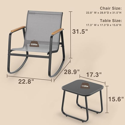 Ahomly 3 Pieces Patio Furniture Set, Outdoor Textilene Furniture Set with Wooden Armrests, Coffee Table with Tempered Glass Tabletop, Patio Chairs for Lawn, Balcony, Grey