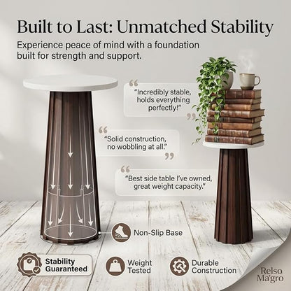 Relso Ma'gro Drink Table – Solid Mango Wood Fluted Base with Real White Marble Top | Farmhouse Accent Side Table for Boho Decor, Bedside, Entryway, Plant Stand, Night Stand & Small Living Spaces